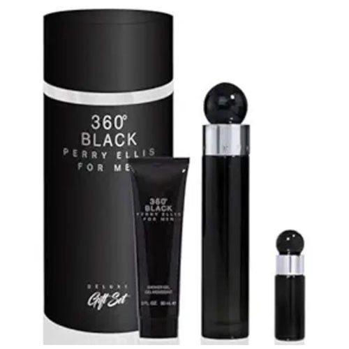 SET PERRY ELLIS 360 BLACK MEN ( 4 PC ) 3.4 OZ EDT / 3.0 OZ SG /3.0 OZ A/SH BALM / MINI / 844061008786