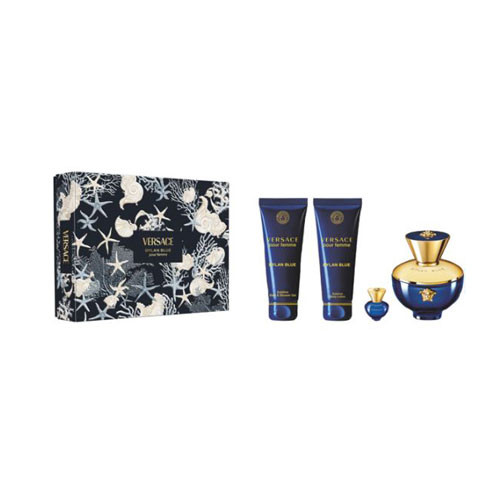 SET VERSACE DYLAN BLUE WOMEN ( 4 PC ) 3.4 OZ EDP SP / 0.17 OZ EDP SP / 3.4 OZ SHOWER GEL / 3.4 OZBODY LOTION / 8011003900497