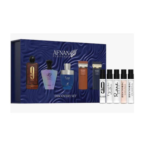 SET AFNAN MINI DISCOVERY FOR MEN  ( 5 PC )X0.068 OZ EDP SP 9PM ELIXIR/TURATHI ELECTRIC/RARE REEF/HISTORIC SAHARA/HISTORIC OLMEDA / 6290171075899