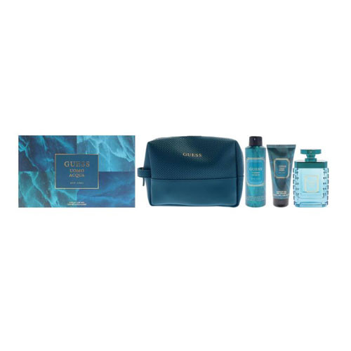 SET GUESS UOMO ACQUA MEN ( 4PC ) 3.4 OZ EDT SP /6.0 OZ DS /3.4 OZ SG / POUCH / 85715350800