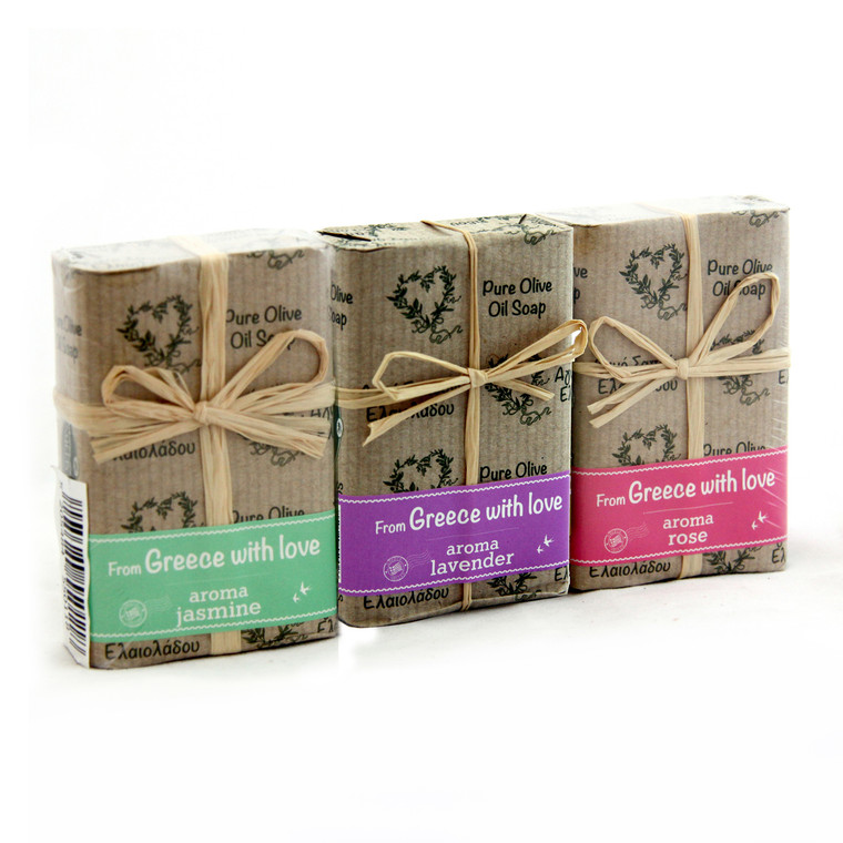 With Love Bow Olive Oil Soap 3 Pack | ASSORTED | All Natural | Assorted Aroma Fragrances | Made in Ancient Crete, Greece | 3 Soaps 3.53 oz. Each