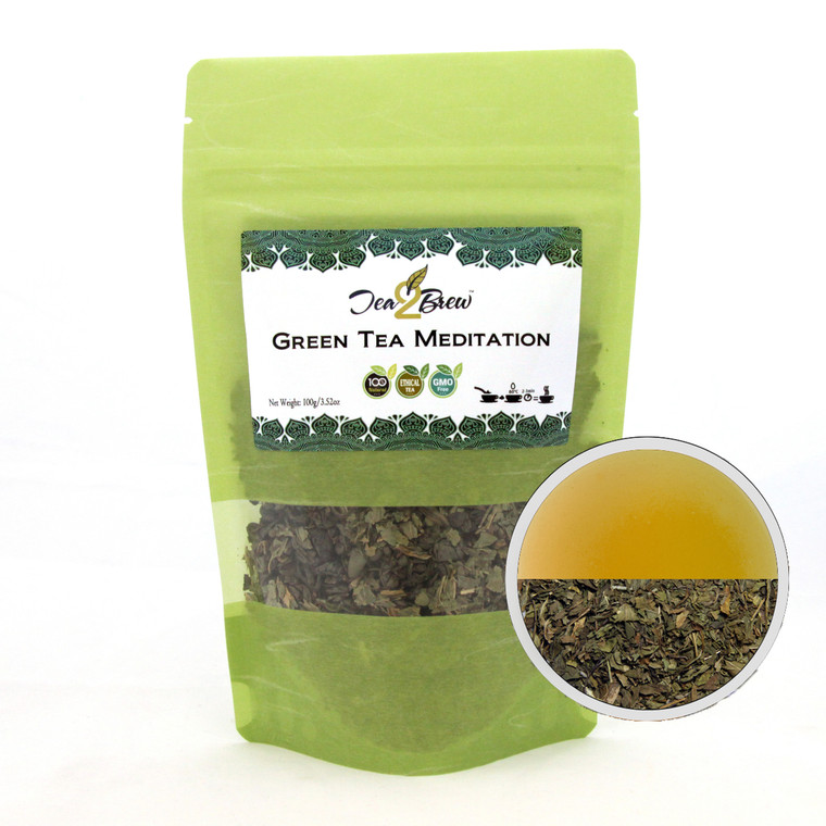 GREEN TEA MEDITATION | Loose Leaf Ceylon Green Tea with with Peppermint Leaves | Designer Resealable Pouch | 3.52 oz.