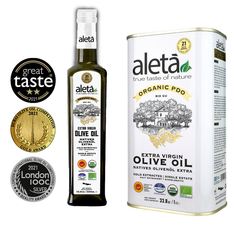 Aleta Organic PDO Extra Virgin Olive Oil, Certified Single Estate Messara Valley Greece, 17 oz. Bottle & 1L Tin Combo Pack