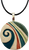 Handmade white stoneware swirl pendant, decorated with teal, red and green ceramic glaze. With a stainless steel backing and a black cord necklace.