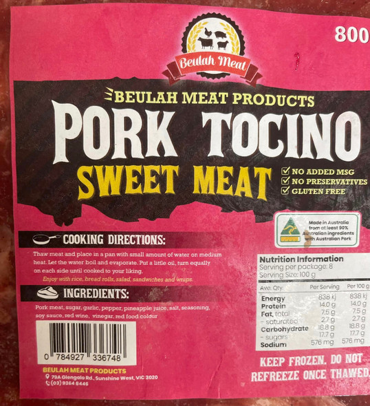 Beulah Pork Tocino 800g