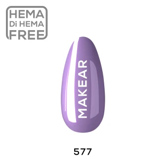 Individual nail colour swatch displaying Makear 577 Hybrid Gel Polish in a purple shade, showcasing the colour on a nail sample.
