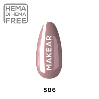 Individual nail colour swatch displaying Makear 586 Regular Hybrid Gel Polish, showcasing the shade's colour and finish on a nail sample.