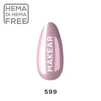 Individual nail colour swatch displaying Makear 599 Hybrid Gel Polish in a pink shade with a decorative glitter finish, highlighting its sparkling appearance on a nail sample.