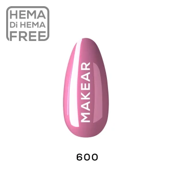 Individual nail colour swatch displaying Makear 600 Hybrid Gel Polish in a pink shade, showcasing the colour on an almond-shaped nail sample.