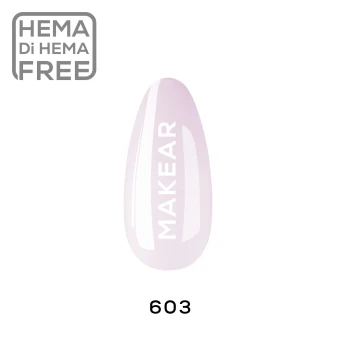 Makear 603 Milky Pink Hybrid Gel Polish colour swatch featuring a delicate, soft pink shade on an almond-shaped nail sample. The image showcases the colour of shade 603 with Makear branding and a clean product presentation.
