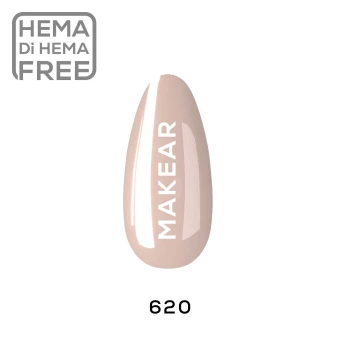 Makear 620 Marry Me Hybrid Gel Polish individual colour swatch displaying shade number 620 in a delicate nude tone with soft pink and beige characteristics. The nail-shaped sample showcases the colour alongside Makear branding against a clean white background, helping customers identify the shade.