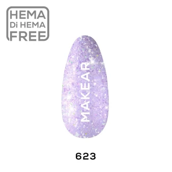 Makear 623 Joy Hybrid Gel Polish individual colour swatch displaying shade number 623 with a purple colour and delicate decorative speckles. The nail-shaped sample presents the colour alongside Makear branding against a clean background, showcasing the decorative appearance associated with the Daisy Collection.