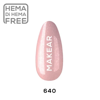 Makear 640 Beige Glitter Hybrid Gel Polish individual colour swatch showcasing a delicate nude beige shade with fine, multicoloured glitter particles. The nail-shaped sample displays shade number 640 and Makear branding, highlighting the subtle shimmering finish against a clean background.