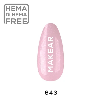 Makear 643 Gimme 640 Hybrid Gel Polish individual colour swatch displaying shade number 643 in a delicate rosy pink colour with subtle lilac undertones. The nail-shaped sample showcases the semi-transparent pink shade with fine pearlescent shimmering particles and a soft illuminated finish against a clean background.