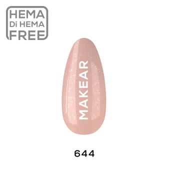 Makear 644 Gimme 640 Hybrid Gel Polish individual colour swatch displaying shade number 644 in a warm peach beige nude colour with delicate golden-toned shimmering particles. The nail-shaped sample showcases the semi-transparent shade with a soft pearlescent finish and Makear branding against a clean white background.