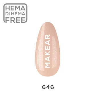 Makear 646 Gimme 640 Hybrid Gel Polish individual colour swatch displaying shade number 646 in a delicate light peach beige nude colour with fine pearlescent shimmering particles. The nail-shaped sample showcases the semi-transparent nude shade with a soft illuminated finish and Makear branding against a clean white background.
