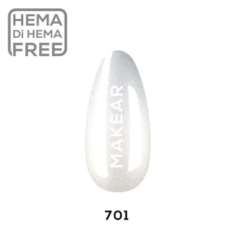 Makear 701 Glamour Hybrid Gel Polish individual nail colour swatch displaying shade number 701 with a white colour and decorative glitter finish. The nail-shaped sample showcases the sparkling gel polish appearance with Makear branding against a clean white background, highlighting the shade for professional nail styling.