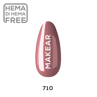 Makear 710 Hybrid Gel Polish individual nail colour swatch displaying shade number 710 from the red and pink colour family. The nail-shaped sample presents the smooth, non-glitter gel polish finish with Makear branding against a clean background, providing a clear visual reference for professional UV/LED gel nail styling.