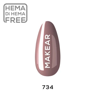 Individual nail-shaped colour swatch of Makear 734 Beige Hybrid Gel Polish 8ml, clearly displaying shade number 734 in the beige colour family. The sample shows the actual gel polish shade with a smooth, non-glitter appearance against a clean white background, helping customers assess the neutral colour and compare it with other professional Makear UV/LED gel polishes.