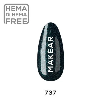 Individual nail-shaped colour swatch of Makear 737 Princess Shimmer Hybrid Gel Polish 8ml, clearly displaying shade number 737 and the actual nail colour with fine light-reflecting shimmer particles. The sample is photographed against a clean white background, with clear Makear identification, allowing customers to assess the real colour and delicate sparkling finish.