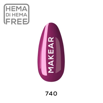 Individual nail-shaped colour swatch of Makear 740 Purple Hybrid Gel Polish 8ml, clearly displaying shade number 740 and the actual purple gel polish colour. The sample is presented against a clean white background with clear Makear shade identification, allowing customers to assess the colour, depth and finish for professional UV/LED gel manicures.