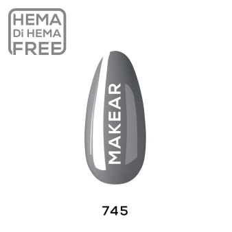 Individual nail-shaped colour swatch of Makear 745 Grey Hybrid Gel Polish 8ml, clearly displaying shade number 745 within the grey colour family. The sample presents the actual grey gel polish colour against a clean white background with Makear shade identification, allowing customers to assess the real shade depth, undertone and finish before selecting a professional UV/LED gel polish.