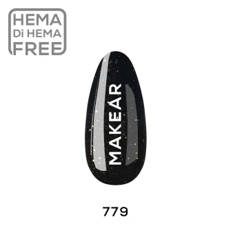 Individual nail-shaped colour swatch of Makear 779 Black Princess Shimmer Hybrid Gel Polish 8ml, clearly displaying shade number 779 and the actual black-family nail colour with delicate light-reflecting shimmer particles. The sample is photographed against a clean white background with clear Makear shade identification, allowing customers to assess the real colour depth, undertone and sparkling Princess finish before selecting a professional UV/LED gel polish.