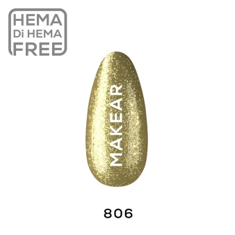 Individual nail-shaped colour swatch of Makear 806 Gold Premium Glitter Hybrid Gel Polish 8ml, clearly displaying shade number 806 and the genuine gold colour with visible decorative glitter or foil-style elements. The swatch is presented against a clean white background with Makear shade identification, allowing customers to examine the actual gold tone, glitter particle size, reflective finish and overall colour appearance before selecting this professional UV/LED gel polish.