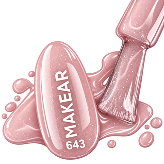 MAKEAR 643 sheer rosy pink shimmer gel polish colour swatch with brush and delicate sparkling pink lacquer