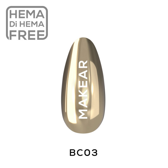 Makear Liquid Effect Dust Chrome Gold BC03 shown as a metallic gold nail chrome effect swatch with HEMA and Di-HEMA Free marking.