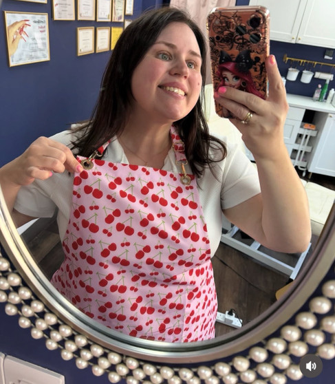 K.Tyrka Cherry Lady Protective Beauty Apron with Gold Details