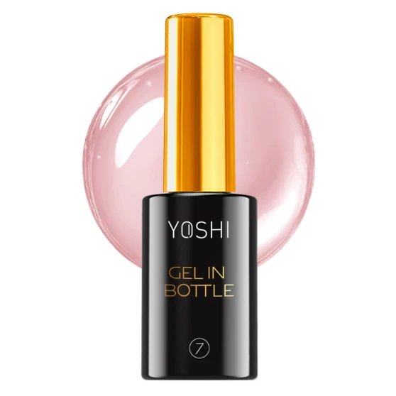 YOSHI Gel in Bottle No7 10 ml bottle with beige pink gel background
