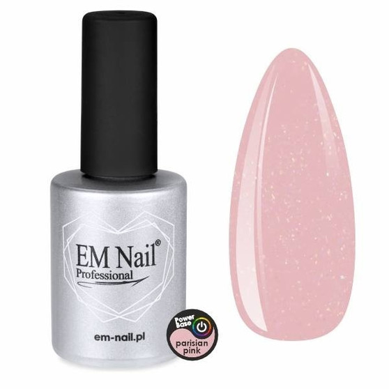 EM Nail Power Base Parisian Pink 15ml bottle with pink shimmer swatch