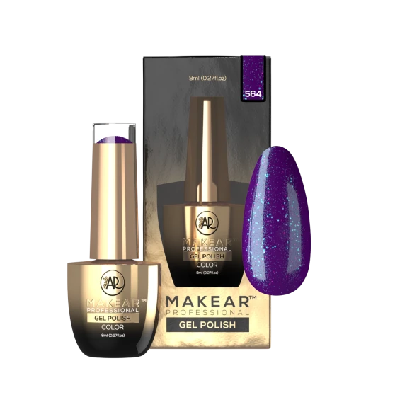 Makear 564 Regular Hybrid Gel Polish 8ml displayed with its original branded bottle, black and gold packaging and matching nail colour swatch. The image highlights shade number 564 and the professional Makear gel polish presentation.