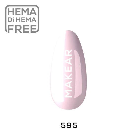 Individual nail colour swatch displaying Makear 595 Regular Hybrid Gel Polish, showcasing the shade's colour and finish on an almond-shaped nail sample.