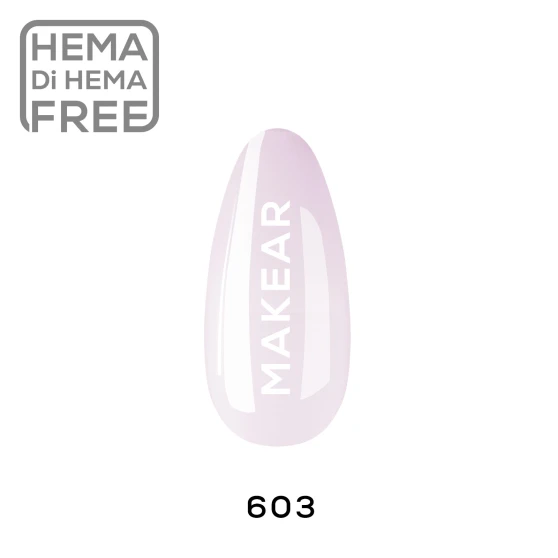 Makear 603 Milky Pink Hybrid Gel Polish colour swatch featuring a delicate, soft pink shade on an almond-shaped nail sample. The image showcases the colour of shade 603 with Makear branding and a clean product presentation.
