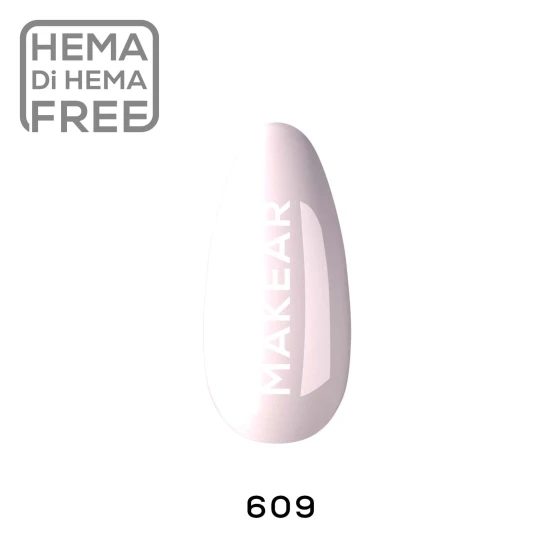 Makear 609 Regular Hybrid Gel Polish individual colour swatch displaying shade number 609 in a pink colour. The nail-shaped sample provides a clear shade preview with Makear branding against a clean white background, helping customers identify the product colour before purchase.