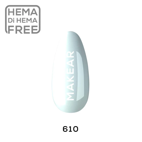 Official Makear 610 Regular Hybrid Gel Polish colour swatch displaying shade number 610 on an individual nail-shaped sample. The image showcases the product colour with Makear branding against a clean white background, providing customers with a clear visual reference.