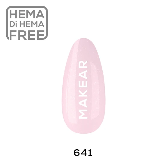 Makear 641 Gimme 640 Hybrid Gel Polish individual nail colour swatch showcasing a delicate, semi-transparent pale pink shade with fine shimmering particles. The sample displays the soft pink colour, subtle illuminated finish and Makear branding against a clean background.