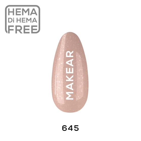 Makear 645 Gimme 640 Hybrid Gel Polish individual colour swatch displaying shade number 645 in a cool sandy beige nude colour with soft mocha-taupe undertones. The nail-shaped sample showcases the semi-transparent shade with fine shimmering particles, subtle gold and silver-toned reflections and a delicate pearlescent finish against a clean white background.