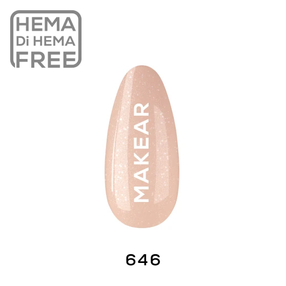 Makear 646 Gimme 640 Hybrid Gel Polish individual colour swatch displaying shade number 646 in a delicate light peach beige nude colour with fine pearlescent shimmering particles. The nail-shaped sample showcases the semi-transparent nude shade with a soft illuminated finish and Makear branding against a clean white background.