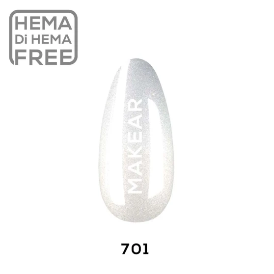 Makear 701 Glamour Hybrid Gel Polish individual nail colour swatch displaying shade number 701 with a white colour and decorative glitter finish. The nail-shaped sample showcases the sparkling gel polish appearance with Makear branding against a clean white background, highlighting the shade for professional nail styling.