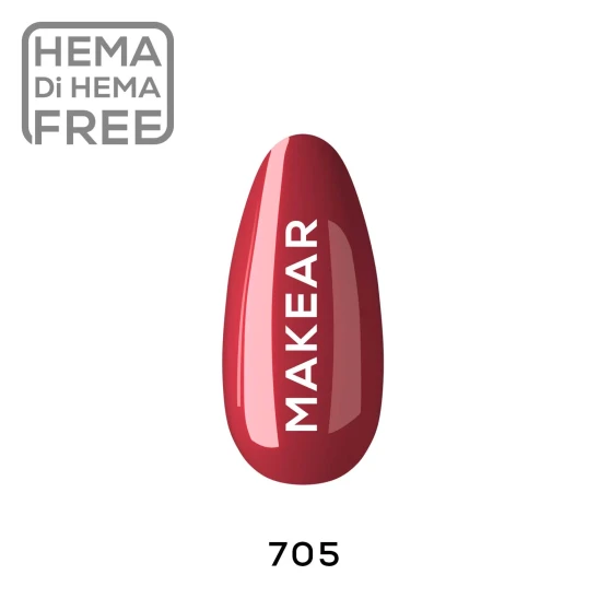 Makear 705 Classic Red Hybrid Gel Polish individual nail colour swatch displaying shade number 705 in an elegant, timeless red colour with a smooth, uniform finish. The nail-shaped sample showcases the rich red shade with Makear branding against a clean white background, providing a clear visual reference for professional UV/LED gel manicures.