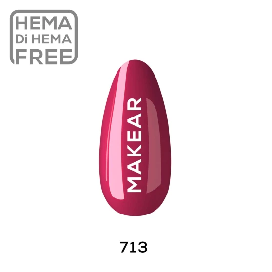Makear 713 Deep Burgundy Hybrid Gel Polish individual nail colour swatch displaying shade number 713 in a rich, dark wine-red colour with a smooth, non-glitter finish. The nail-shaped sample showcases the deep burgundy appearance and Makear branding against a clean white background, providing a clear visual reference for professional UV/LED gel manicures.