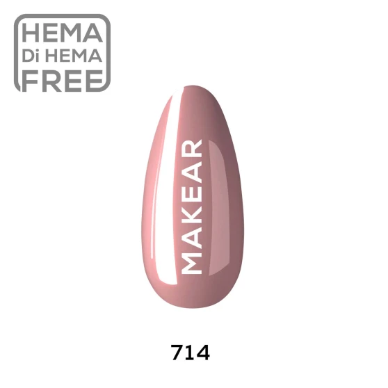 Makear 714 Hybrid Gel Polish individual nail colour swatch displaying shade number 714 in a pink shade with a smooth, even colour appearance. The nail-shaped sample showcases the Makear gel polish colour and branding against a clean white background, providing a clear visual reference for professional UV/LED manicures.