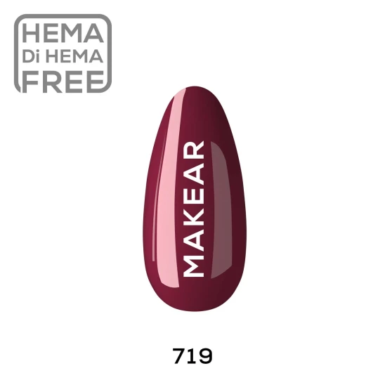Makear 719 Hybrid Gel Polish individual nail colour swatch displaying shade number 719 from the burgundy and pink colour families. The nail-shaped sample showcases the rich red-pink colour against a clean white background with Makear branding, providing a clear visual reference for professional UV/LED manicures.