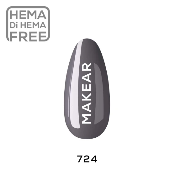 Makear 724 Hybrid Gel Polish individual nail colour swatch displaying shade number 724 in a grey colour. The nail-shaped sample showcases the shade alongside Makear branding against a clean white background, providing a clear visual reference for professional UV/LED gel manicures and contemporary grey nail styling.