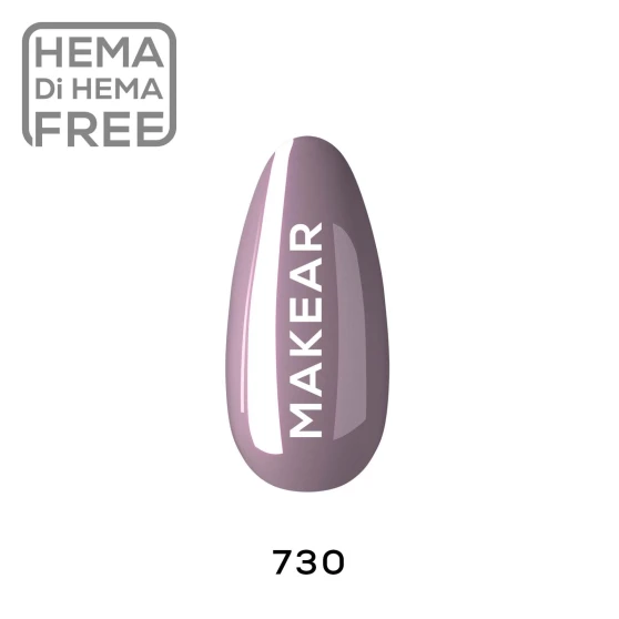 Individual nail-shaped colour swatch of Makear 730 Hybrid Gel Polish 8ml, displaying shade number 730 from the purple colour family. The nail sample shows the actual colour against a clean white background with clear Makear identification, allowing customers to compare the shade for professional UV/LED gel manicures and elegant purple nail styling.