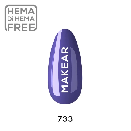 Individual nail-shaped colour swatch of Makear 733 Purple Hybrid Gel Polish 8ml, clearly displaying shade number 733 within the purple colour family. The sample presents the actual gel polish colour against a clean white background, with visible Makear shade identification to help customers compare the colour for professional UV/LED manicures.