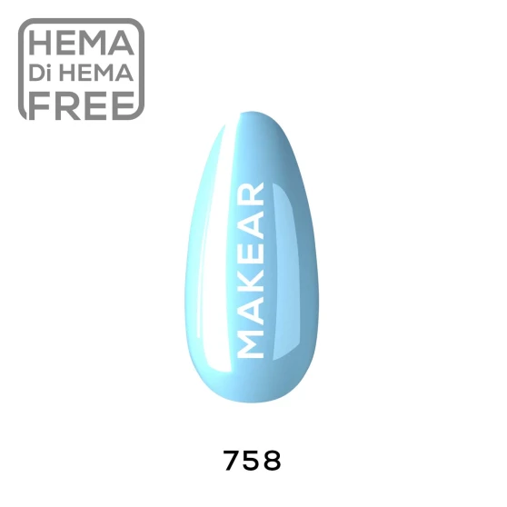 Individual nail-shaped colour swatch of Makear 758 Blue Hybrid Gel Polish 8ml, clearly displaying shade number 758 and the actual blue gel polish colour. The sample is presented against a clean white background with clear Makear shade identification, allowing customers to examine the shade depth, undertone and finish before choosing a professional UV/LED hybrid gel polish. The swatch provides an accurate visual reference for elegant blue manicures and contemporary nail styling.